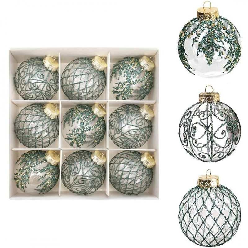 Číre vianočné gule so zeleným ozdobením 9 ks, priemer 8 cm