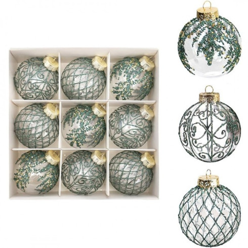 Čiré vánoční koule se zeleným ozdobením 9 ks, průměr 8 cm