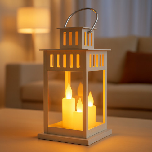 Dekoratívny LED lampáš s imitáciou sviečky, biely