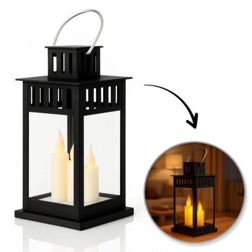 Dekoratívny LED lampáš s imitáciou sviečky, čierny