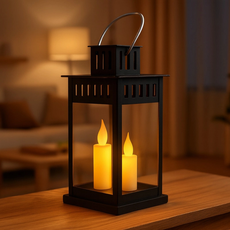 Dekoratívny LED lampáš s imitáciou sviečky, čierny