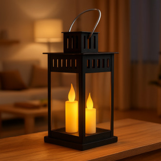 Dekoratívny LED lampáš s imitáciou sviečky, čierny