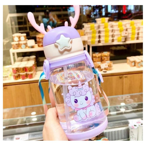 Dětská láhev na vodu s brčkem 600 ml - fialová