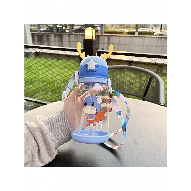 Dětská láhev na vodu s brčkem 600 ml - modrá