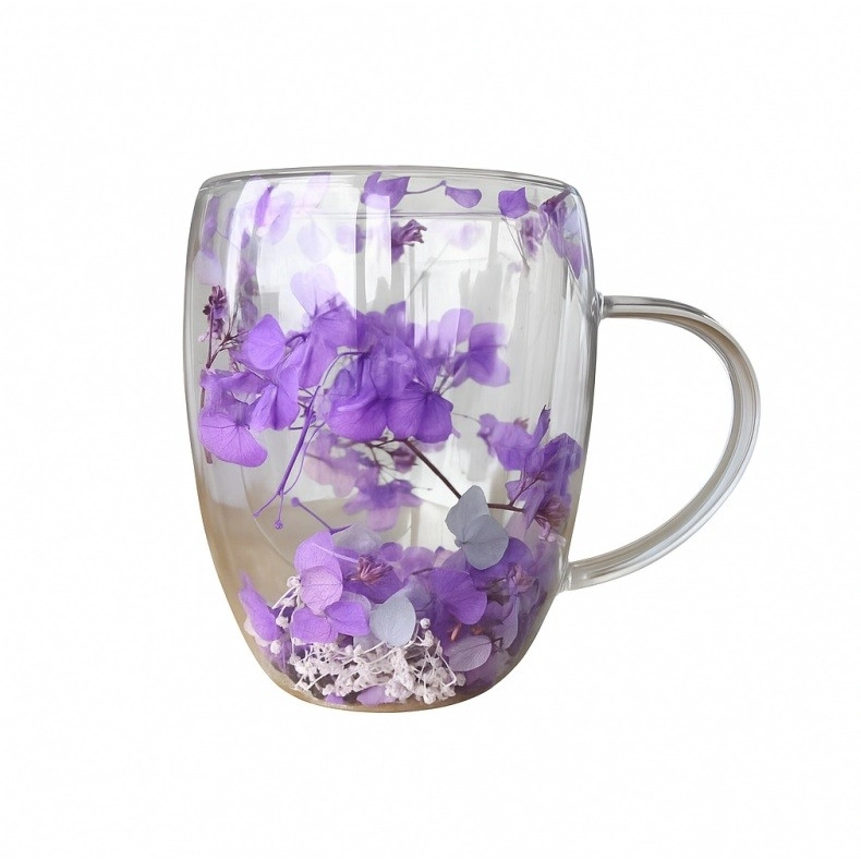 Dvoustěnná termo sklenice s květy gypsomilka, hortenzie, 300 ml