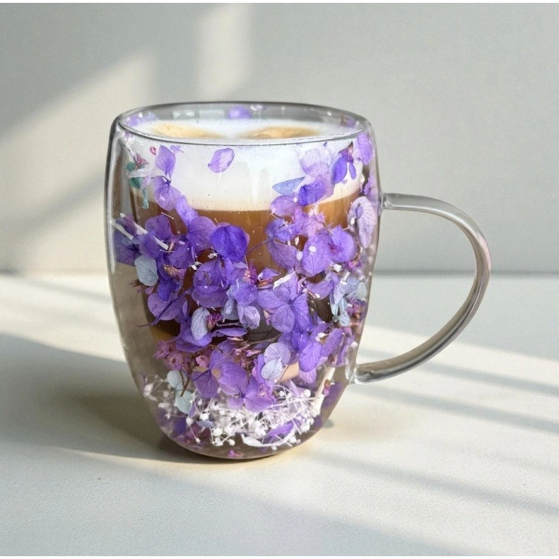 Dvoustěnná termo sklenice s květy gypsomilka, hortenzie, 300 ml