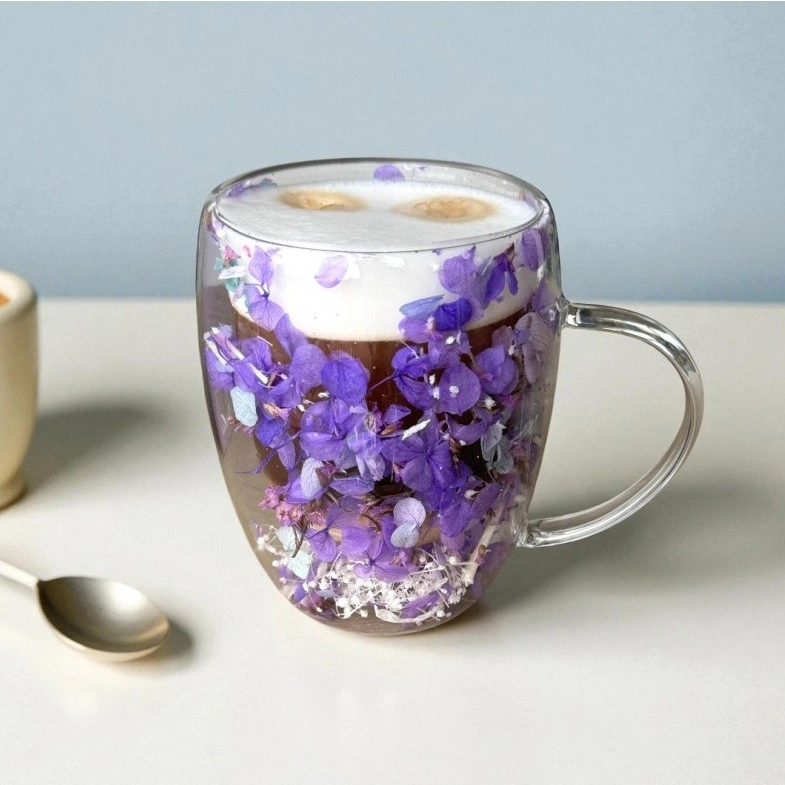 Dvoustěnná termo sklenice s květy gypsomilka, hortenzie, 300 ml