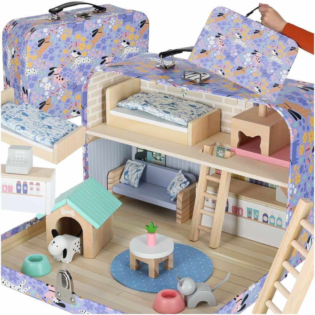 Hotel pro domácí mazlíčky v kufříku s dřevěným nábytkem a figurkami