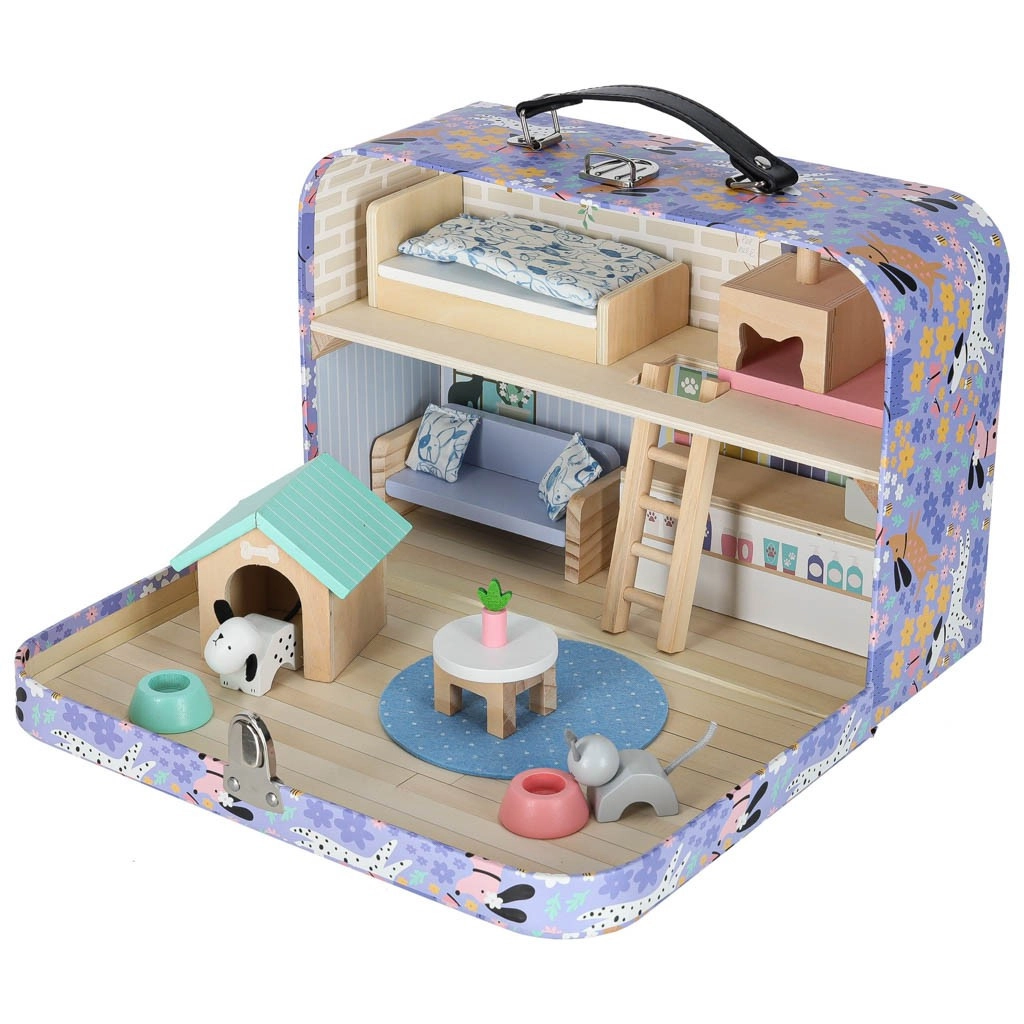 Hotel pro domácí mazlíčky v kufříku s dřevěným nábytkem a figurkami