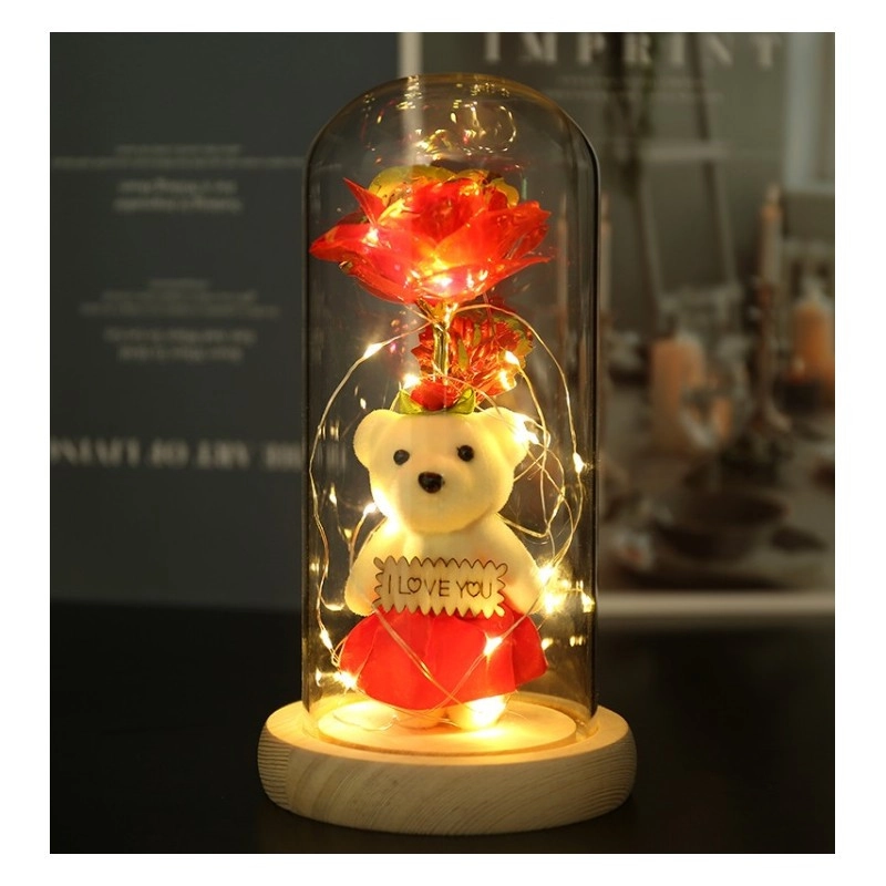 Křišťálová věčná růže pod skleněnou kupolí LED s medvídkem I LOVE YOU