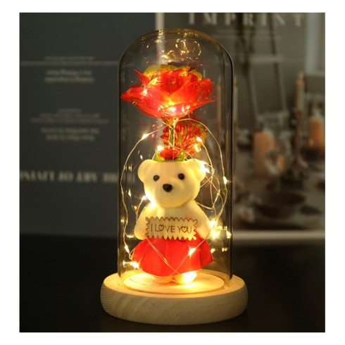 Křišťálová věčná růže pod skleněnou kupolí LED s medvídkem I LOVE YOU