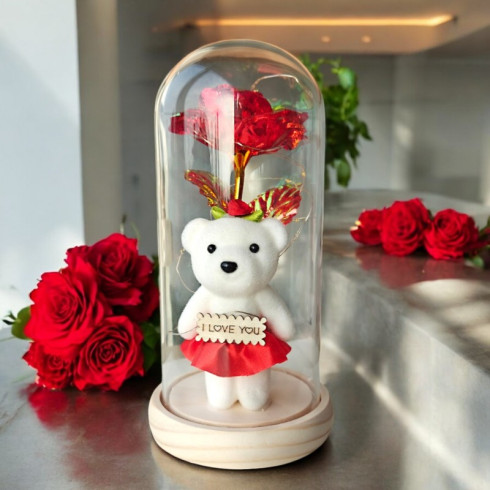 Křišťálová věčná růže pod skleněnou kupolí LED s medvídkem I LOVE YOU