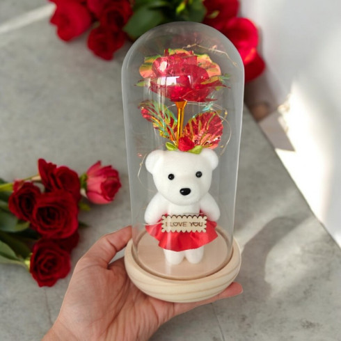 Křišťálová věčná růže pod skleněnou kupolí LED s medvídkem I LOVE YOU