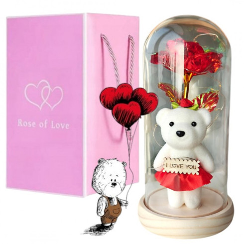 Křišťálová věčná růže pod skleněnou kupolí LED s medvídkem I LOVE YOU
