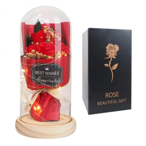 Kytice růží ve skleněné kupoli s LED světlem - červené