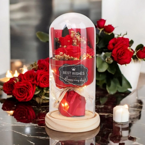 Kytice růží ve skleněné kupoli s LED světlem - červené