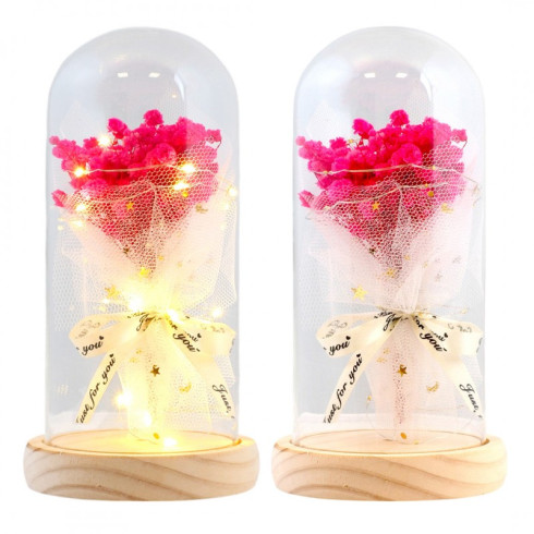 Kytice růžové gypsomilky pod skleněnou kupolí s LED osvětlením