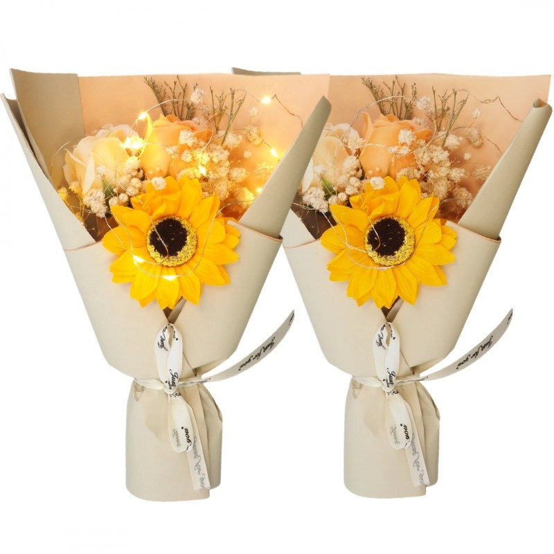 Kytica vonných mydlových kvetov v darčekovej krabičke s LED svetielkami - žlté