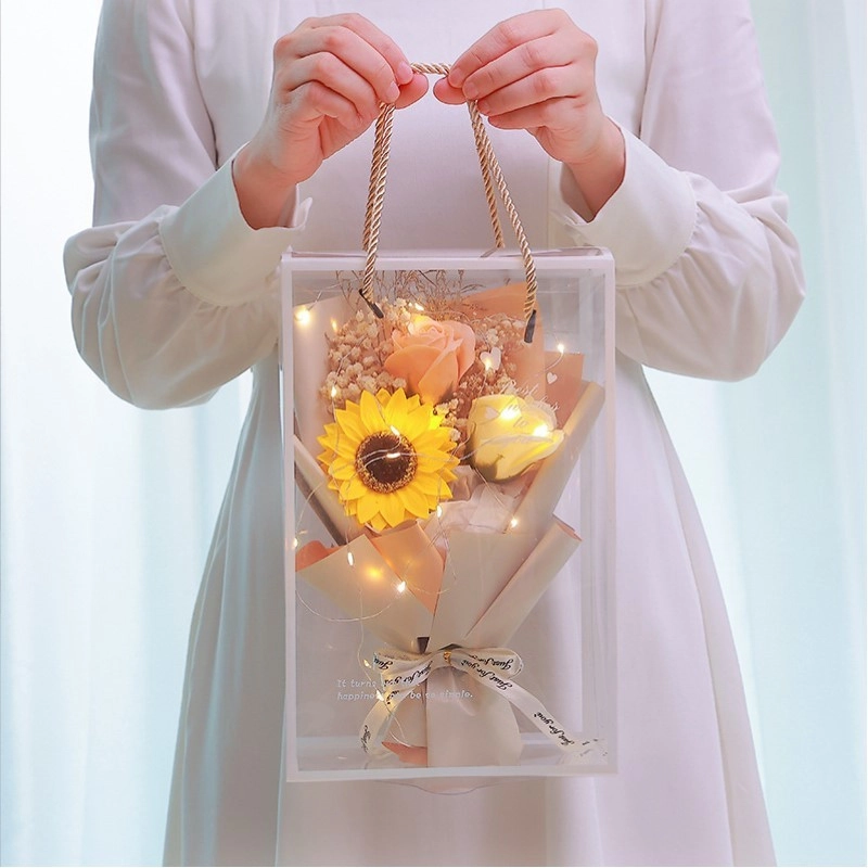 Kytica vonných mydlových kvetov v darčekovej krabičke s LED svetielkami - žlté