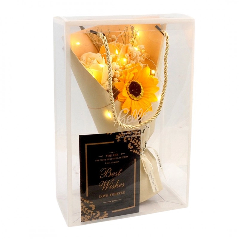 Kytica vonných mydlových kvetov v darčekovej krabičke s LED svetielkami - žlté