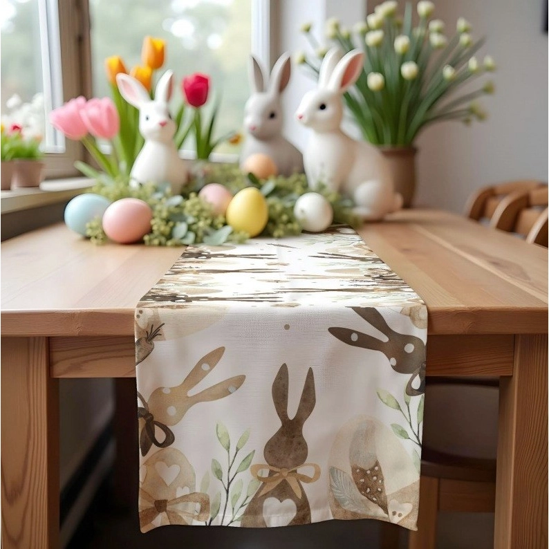 Ľanový veľkonočný behúň na stôl s motívom králikov, 180 × 33 cm