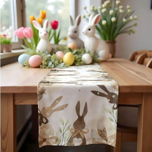 Ľanový veľkonočný behúň na stôl s motívom králikov, 180 × 33 cm