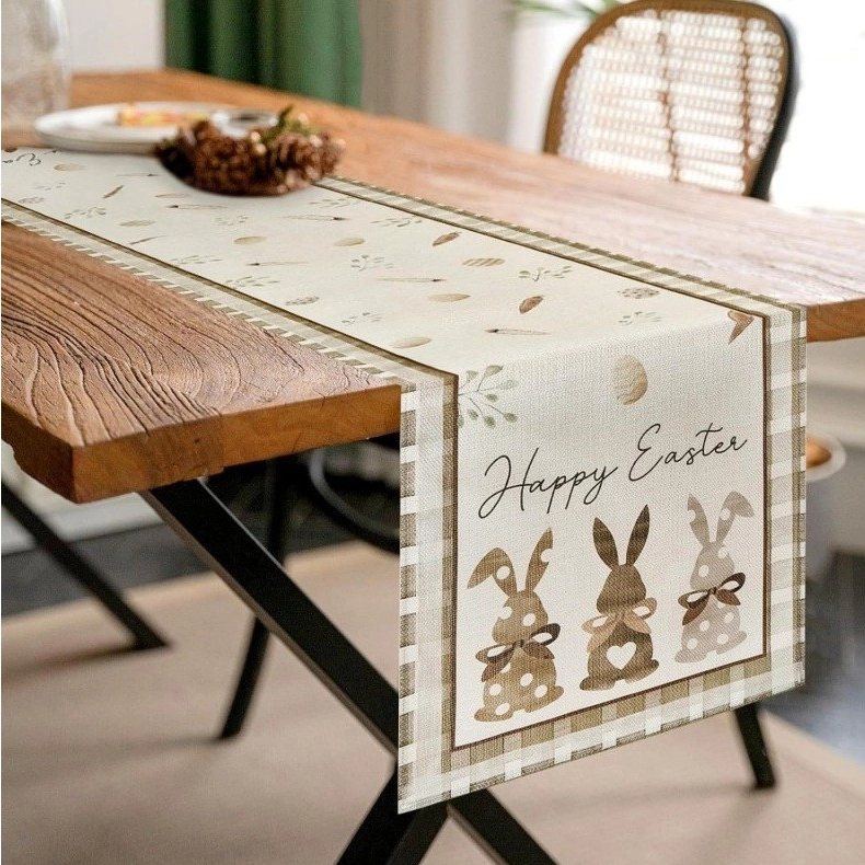 Ľanový veľkonočný behúň na stôl so zajačikmi, 180 × 33 cm