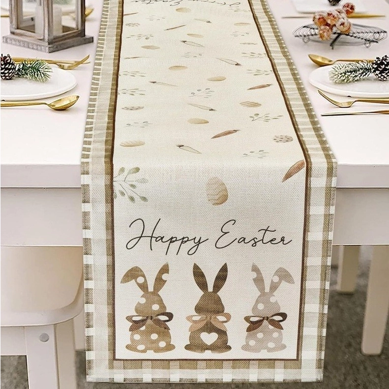 Ľanový veľkonočný behúň na stôl so zajačikmi, 180 × 33 cm