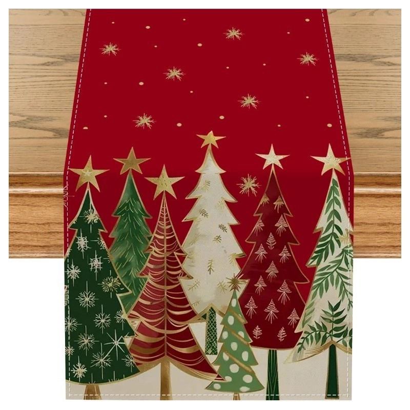 Lněný vánoční běhoun na stůl 180×33 cm, červený se stromky