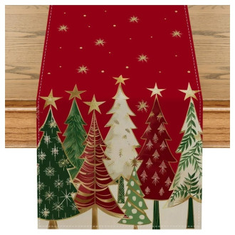 Ľanový vianočný behúň na stôl 180×33 cm, červený so stromčekmi