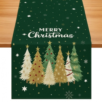 Ľanový vianočný behúň na stôl 180×33 cm, zelený so stromčekmi