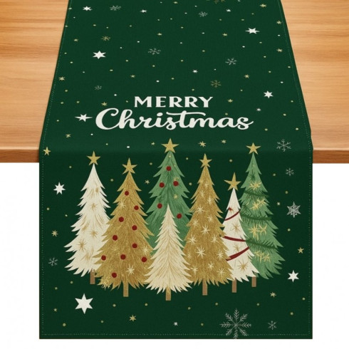 Ľanový vianočný behúň na stôl 180×33 cm, zelený so stromčekmi