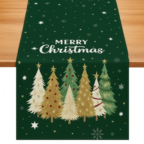 Ľanový vianočný behúň na stôl 180×33 cm, zelený so stromčekmi