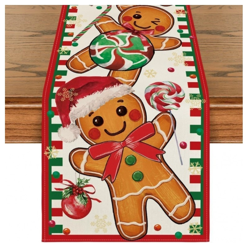 Ľanový vianočný behúň na stôl s motívom medovníčkov, 180×33 cm