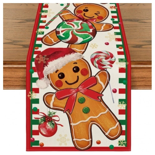 Ľanový vianočný behúň na stôl s motívom medovníčkov, 180×33 cm