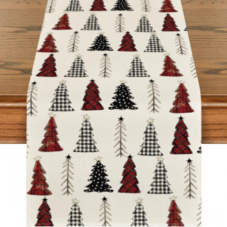 Ľanový vianočný behúň na stôl s motívom stromčekov, 180×33 cm