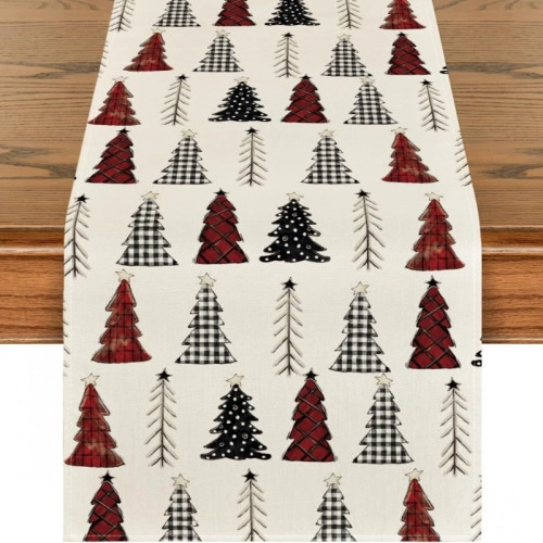 Ľanový vianočný behúň na stôl s motívom stromčekov, 180×33 cm