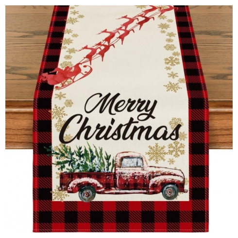 Ľanový vianočný behúň na stôl s motívom vianočnej dodávky a Santa Clausa, 180×33 cm