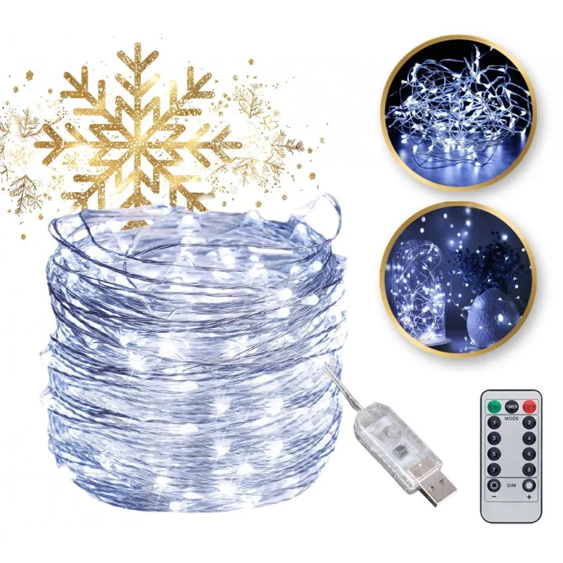 LED Vánoční osvětlení na drátku 200 LED, studená bílá, USB + ovladač