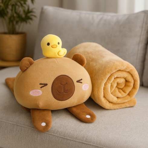 Mäkká plyšová deka s vankúšom Kapibara, 100x170 cm