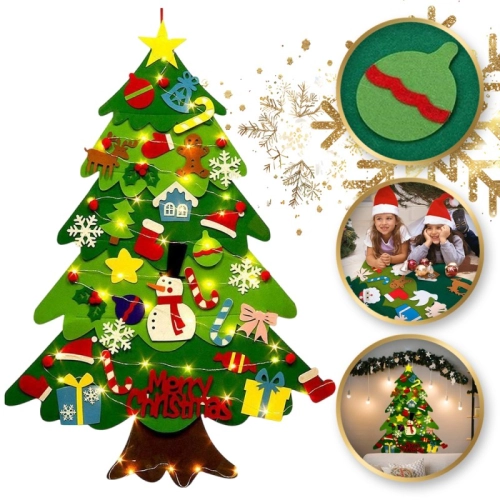 Plstený vianočný stromček pre deti s ozdobami a LED svetlom, 98 x 70 cm