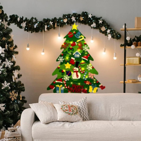 Plstený vianočný stromček pre deti s ozdobami a LED svetlom, 98 x 70 cm