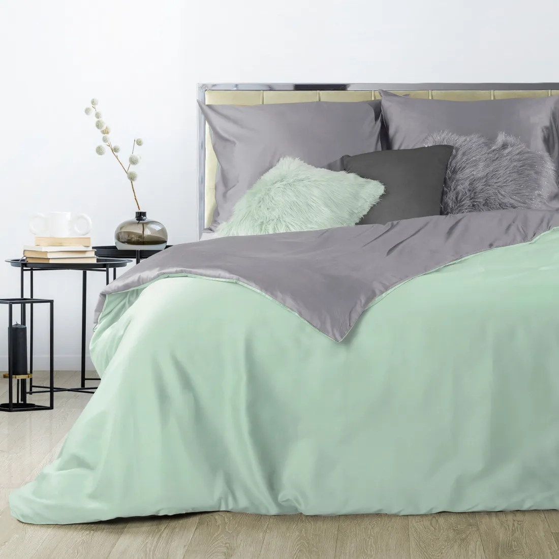 Posteľné obliečky Nova z bavlneného saténu 140x200 cm - svetlo sivé/mätové