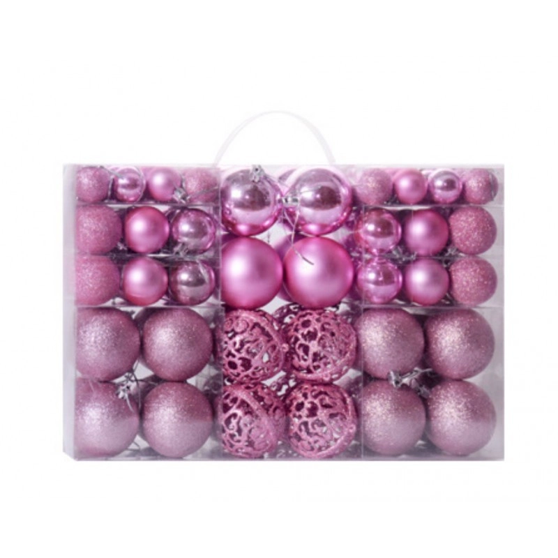 Sada ružových vianočných gúľ 100 ks – mix veľkostí a povrchov