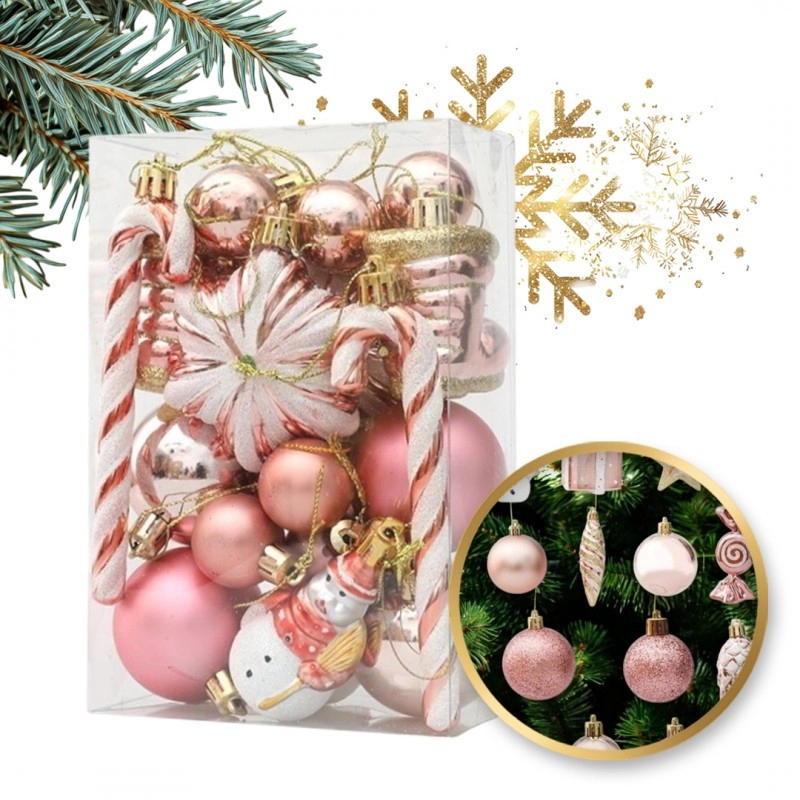 Sada ružových vianočných ozdôb 29 ks, priemer 6 cm