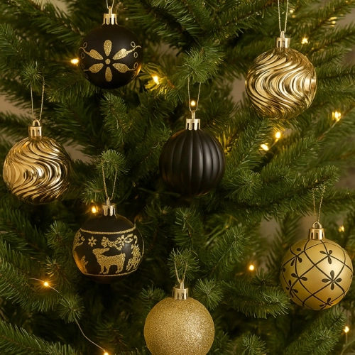 Sada vánočních koulí 34 ks, zlato-černé