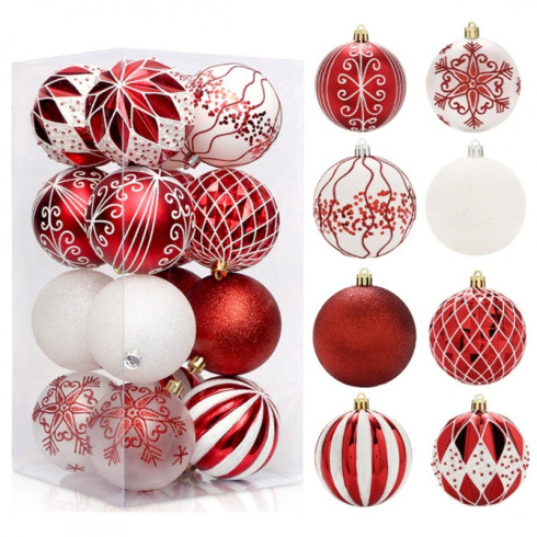 Sada vánočních koulí bílo-červené 16 ks, průměr 8 cm