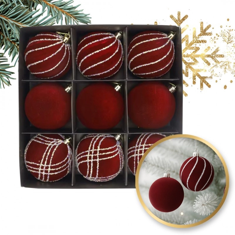 Sada vianočných gúľ zamatovo červené 9 ks, 8 cm