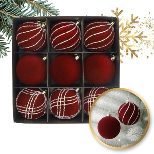 Sada vianočných gúľ zamatovo červené 9 ks, 8 cm