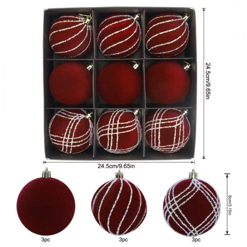 Sada vianočných gúľ zamatovo červené 9 ks, 8 cm